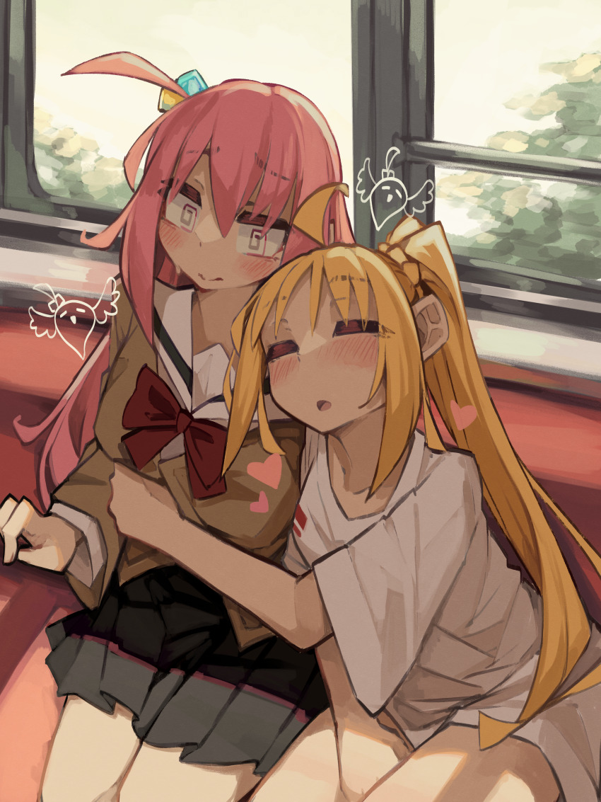 2girls, =_=, @_@, absurdres, ahoge, between_legs, blonde_hair, blush