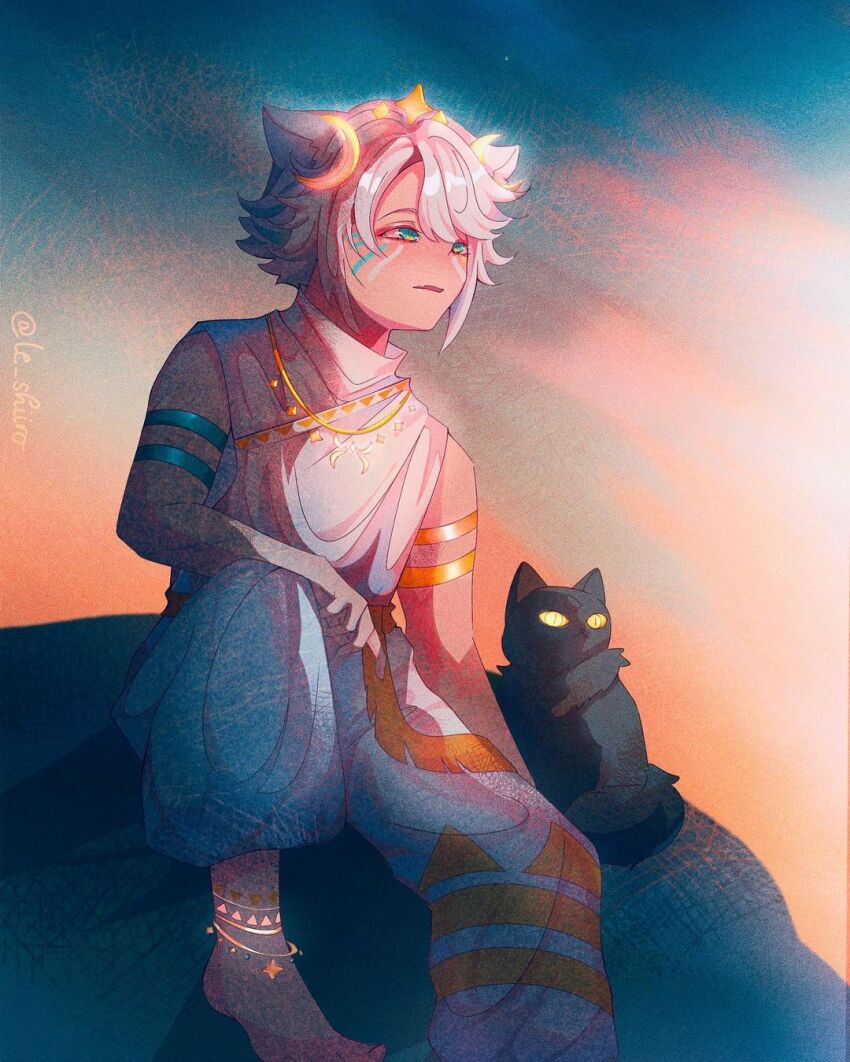 1boy, animal_ears, bishounen, cat_ears, grey_hair, highres, le_shiiro, male_focus, mao_mao_(sky:_children_of_the_light), short_hair, sky:_children_of_the_light, solo, white_hair