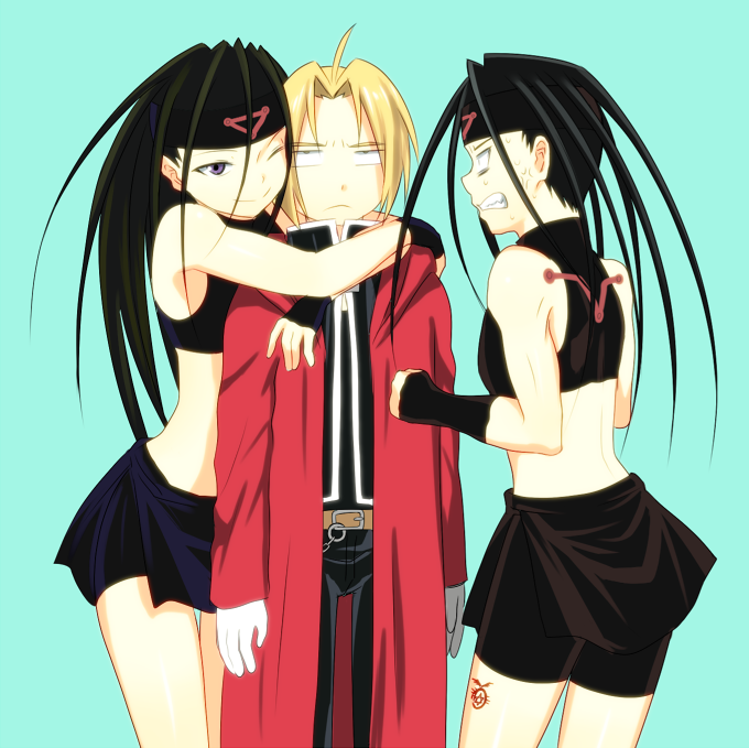 00s, 3boys, ahoge, androgynous, anger_vein, angry, annoyed, bad_id, bad_pixiv_id, belt, black_hair, blonde_hair, clenched_teeth, closed_eyes, coat, dual_persona, edward_elric, envy_(fma), fullmetal_alchemist, gloves, headband, hiroshi_(kitaro), homunculus, hug, itou_(itsuko), long_hair, male_focus, midriff, multiple_boys, one_eye_closed, ouroboros, purple_eyes, simple_background, skin_tight, skirt, sleeveless, smile, tattoo, teeth, time_paradox, white_gloves, wink, yaoi