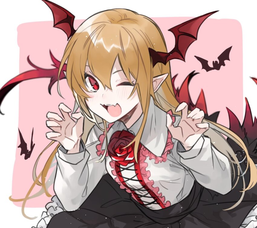 1girl, bat_wings, black_skirt, blonde_hair, blush, center_frills, claw_pose, collared_shirt