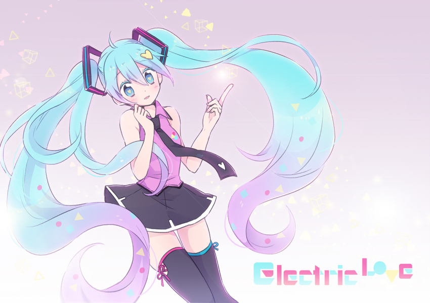 1girl, azurite0012, blue_eyes, blue_hair, blush, collared_shirt, cube, electric_love_(vocaloid), gradient_hair, hair_ornament, hatsune_miku, heart, heart-shaped_pupils, heart_hair_ornament, index_finger_raised, long_hair, looking_at_viewer, multicolored_hair, necktie, open_mouth, project_diva_(series), purple_hair, shirt, skirt, sleeveless, sleeveless_shirt, smile, solo, song_name, symbol-shaped_pupils, thighhighs, twintails, very_long_hair, vocaloid