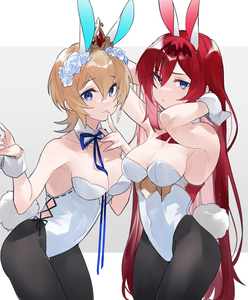 2girls, absurdres, alternate_costume, animal_ears, arms_up, bare_shoulders, black_pantyhose, blue_eyes, breasts, cleavage, covered_navel, cowboy_shot, detached_collar, europa_(granblue_fantasy), flower, godsworn_alexiel, granblue_fantasy, hair_flower, hair_ornament, hands_in_own_hair, highres, kemonomimi_mode, leotard, long_hair, looking_at_viewer, medium_breasts, multiple_girls, neck_ribbon, pantyhose, playboy_bunny, rabbit_ears, rabbit_tail, ribbon, short_hair, sweatdrop, tail, tiara, white_leotard, wrist_cuffs, yakota_(usuk-yako)