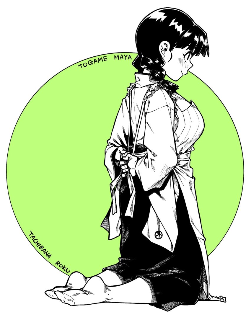 1girl, apron, blush, braid, closed_mouth, dress, from_side, greyscale_with_colored_background