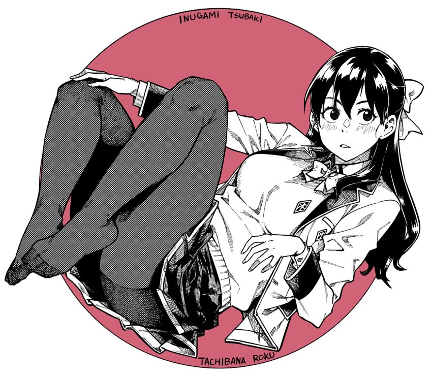 1girl, blush, bow, bowtie, breasts, greyscale_with_colored_background, hair_between_eyes, hair_bow