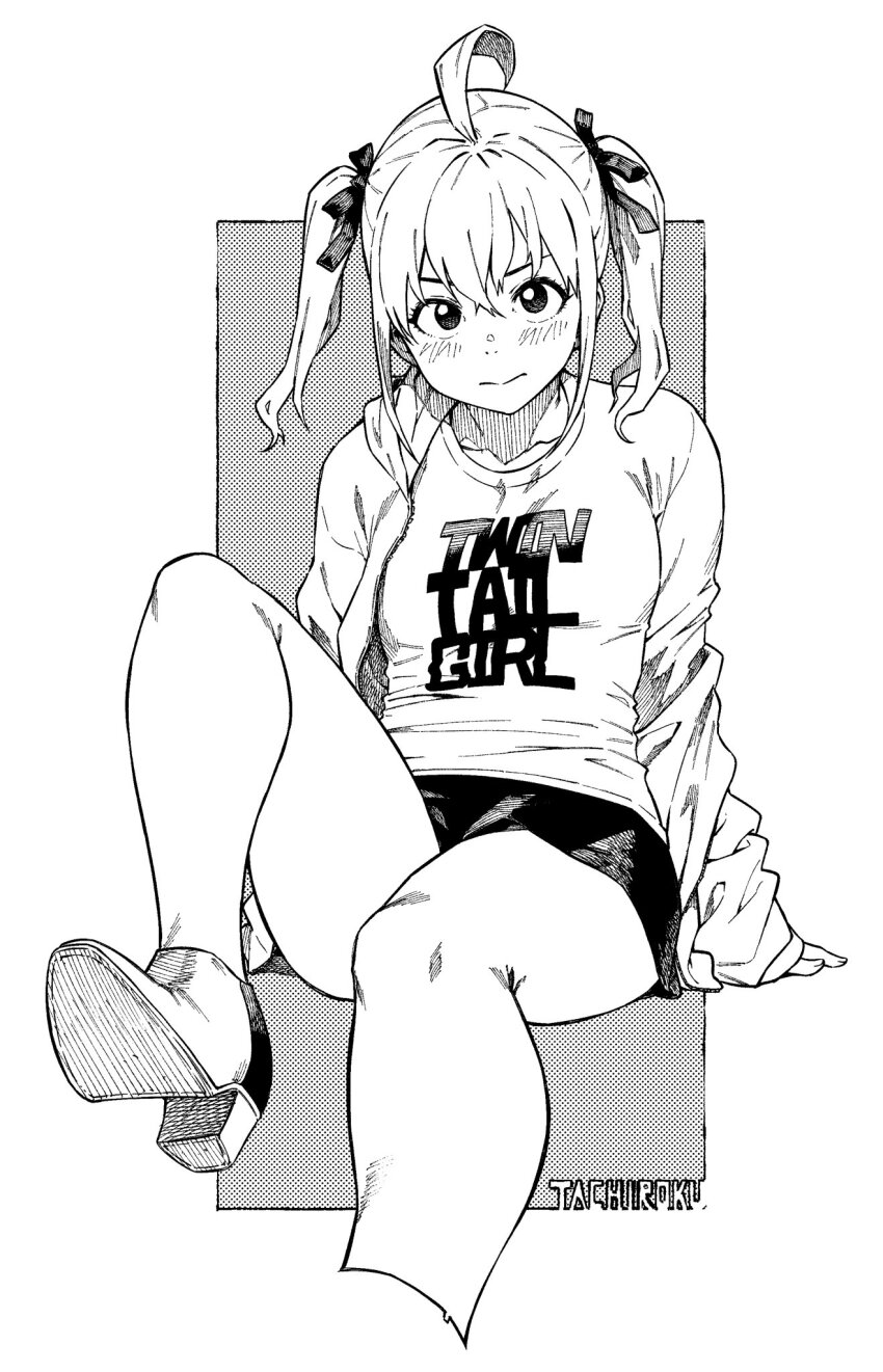 1girl, ahoge, blush, closed_mouth, high_heels, highres, invisible_chair, looking_at_viewer