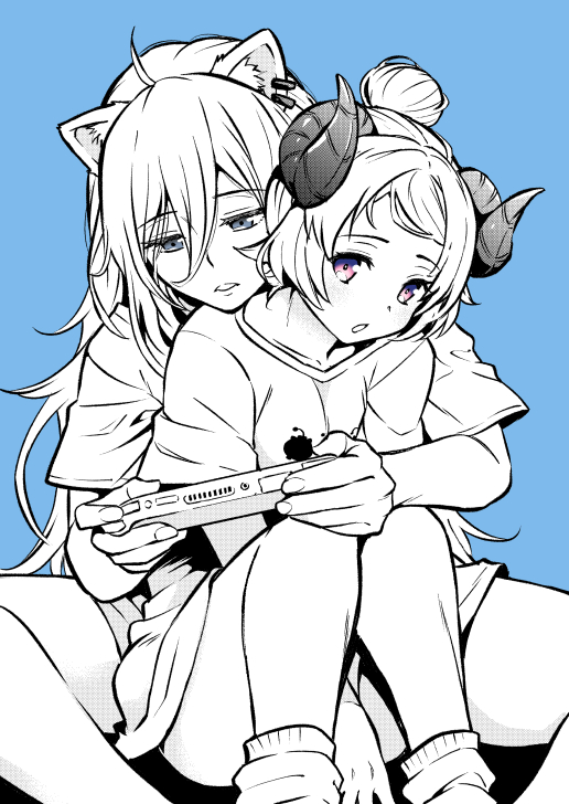 2girls, animal_ears, blurry, blurry_background, borrowed_clothes, fingernails, grey_eyes, greyscale_with_colored_background, hair_bun, handheld_game_console, holding, holding_handheld_game_console, hololive, horns, hug, hug_from_behind, knees_up, lion_ears, lion_girl, multiple_girls, muraji, nintendo_switch, nintendo_switch_lite, no_pants, official_alternate_hairstyle, oversized_clothes, oversized_shirt, purple_eyes, sheep_girl, sheep_horns, shirt, shishiro_botan, shishiro_botan_(midnight_convenience_store), short_sleeves, simple_background, single_hair_bun, sitting, spot_color, t-shirt, tsunomaki_watame, tsunomaki_watame_(loungewear), virtual_youtuber, yuri