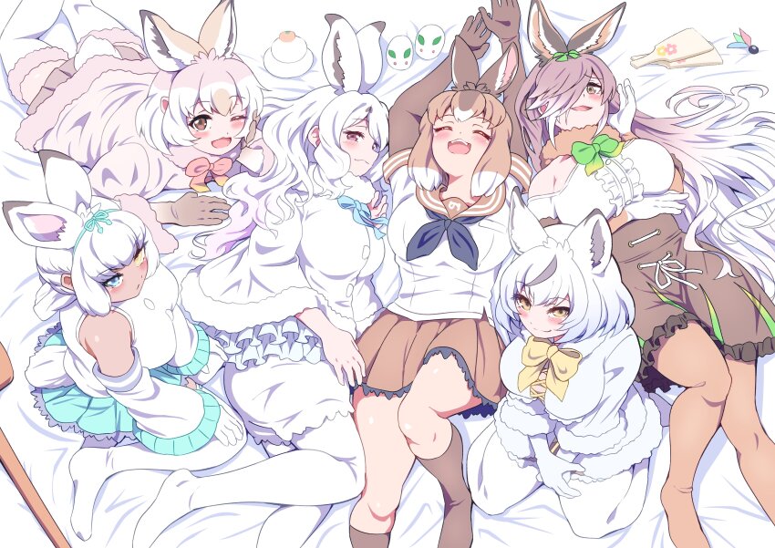 6+girls, absurdres, animal_ears, arctic_hare_(kemono_friends), arms_up, bare_shoulders, black_hair, blue_eyes, breasts, brown_eyes, brown_hair, closed_eyes, closed_mouth, coat, detached_sleeves, european_hare_(kemono_friends), extra_ears, ezo_mountain_hare_(kemono_friends), frills, from_above, fur_collar, fur_trim, gloves, hair_over_one_eye, hairband, hand_on_own_cheek, hand_on_own_face, heterochromia, highres, japanese_hare_(kemono_friends), kemono_friends, large_breasts, long_bangs, long_hair, looking_at_viewer, looking_up, lying, mamiyama, medium_breasts, medium_hair, miniskirt, mountain_hare_(kemono_friends), multicolored_hair, multiple_girls, on_back, on_side, open_mouth, pantyhose, rabbit_ears, rabbit_girl, rabbit_tail, sailor_collar, shirt, shorts, sitting, skirt, sleeveless, sleeveless_shirt, smile, tail, tan, thighhighs, tsukuyomi_shinshi_(kemono_friends), two-tone_hair, very_long_hair, wariza, white_hair, white_pantyhose, yellow_eyes, zettai_ryouiki