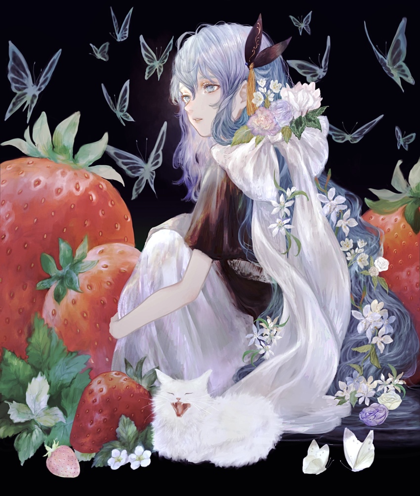 1girl, bug, butterfly, cat, ciel_(kamitsubaki_studio), flower, food, fruit