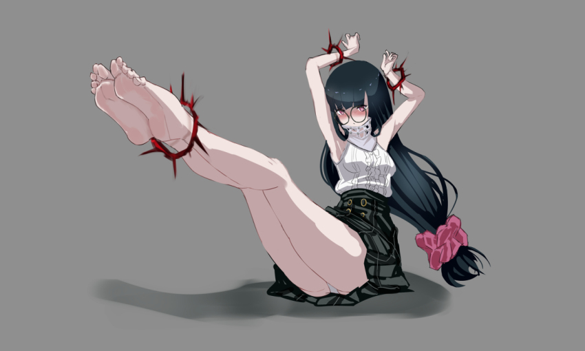 1girl, armpits, arms_up, bdsm, black_hair, bondage, bound, breasts, feet, foot_focus, glasses, hime_cut, long_hair, long_legs, medium_breasts, monark, panties, red_eyes, scrunchie, skirt, surugadai_kokoro, underwear, upskirt, very_long_hair