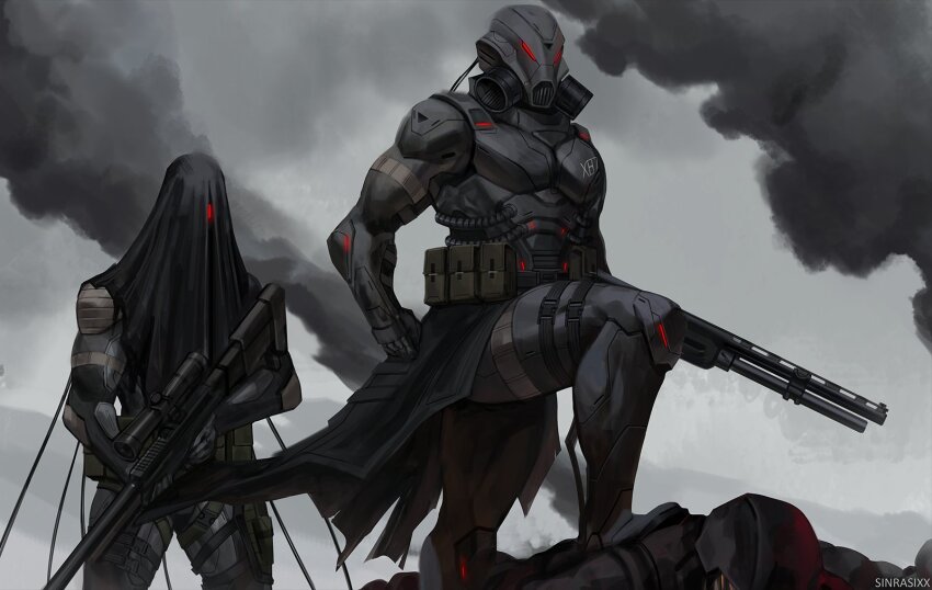 2boys, ammunition_pouch, armor, artist_name, cable, cloud, cloudy_sky, commentary, english_commentary, glowing, glowing_eye, glowing_eyes, gun, helmet, highres, holding, holding_gun, holding_weapon, looking_ahead, male_focus, multiple_boys, one-eyed, original, pouch, power_armor, red_eyes, rifle, science_fiction, scope, sinrasixx, sky, smoke, sniper_rifle, thigh_strap, weapon