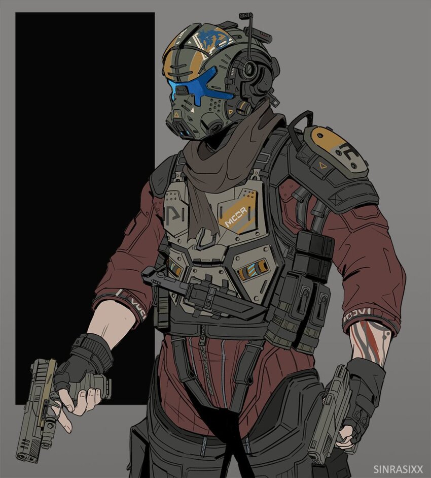 1boy, ammunition_pouch, assault_visor, bodysuit, commentary, cowboy_shot, dual_wielding, english_commentary