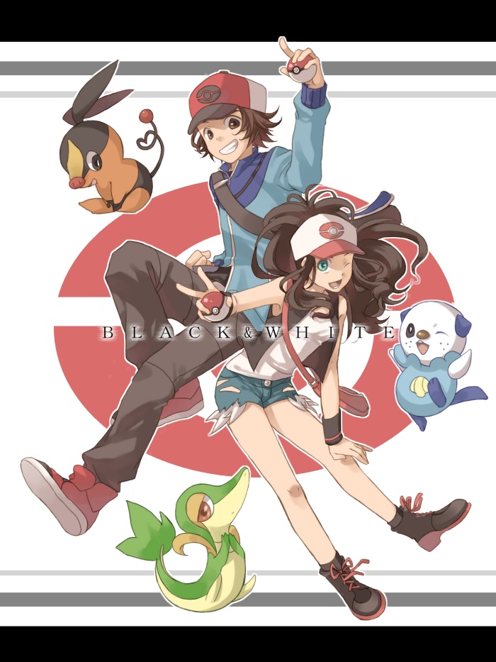 10s, 1boy, 1girl, bad_id, bad_pixiv_id, bag, baseball_cap, blue_eyes, brown_eyes, brown_hair, denim, denim_shorts, gen_5_pokemon, hat, hilbert_(pokemon), hilda_(pokemon), jacket, nintendo, oshawott, poke_ball, pokemon, pokemon_(creature), pokemon_black_and_white, ponytail, shibanashi_miso, shorts, snivy, starter_pokemon_trio, tepig, una, vest