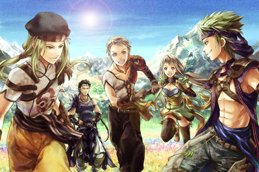 1girl, 4boys, armor, bad_id, bad_pixiv_id, blonde_hair, day, dirk_(suikoden_tierkreis)