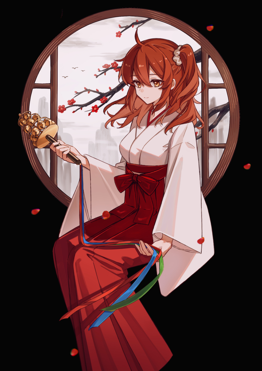 1girl, ahoge, bell, clothing_cutout, fate/grand_order, fate_(series), fujimaru_ritsuka_(female), fujimaru_ritsuka_(female)_(new_year's_attire)