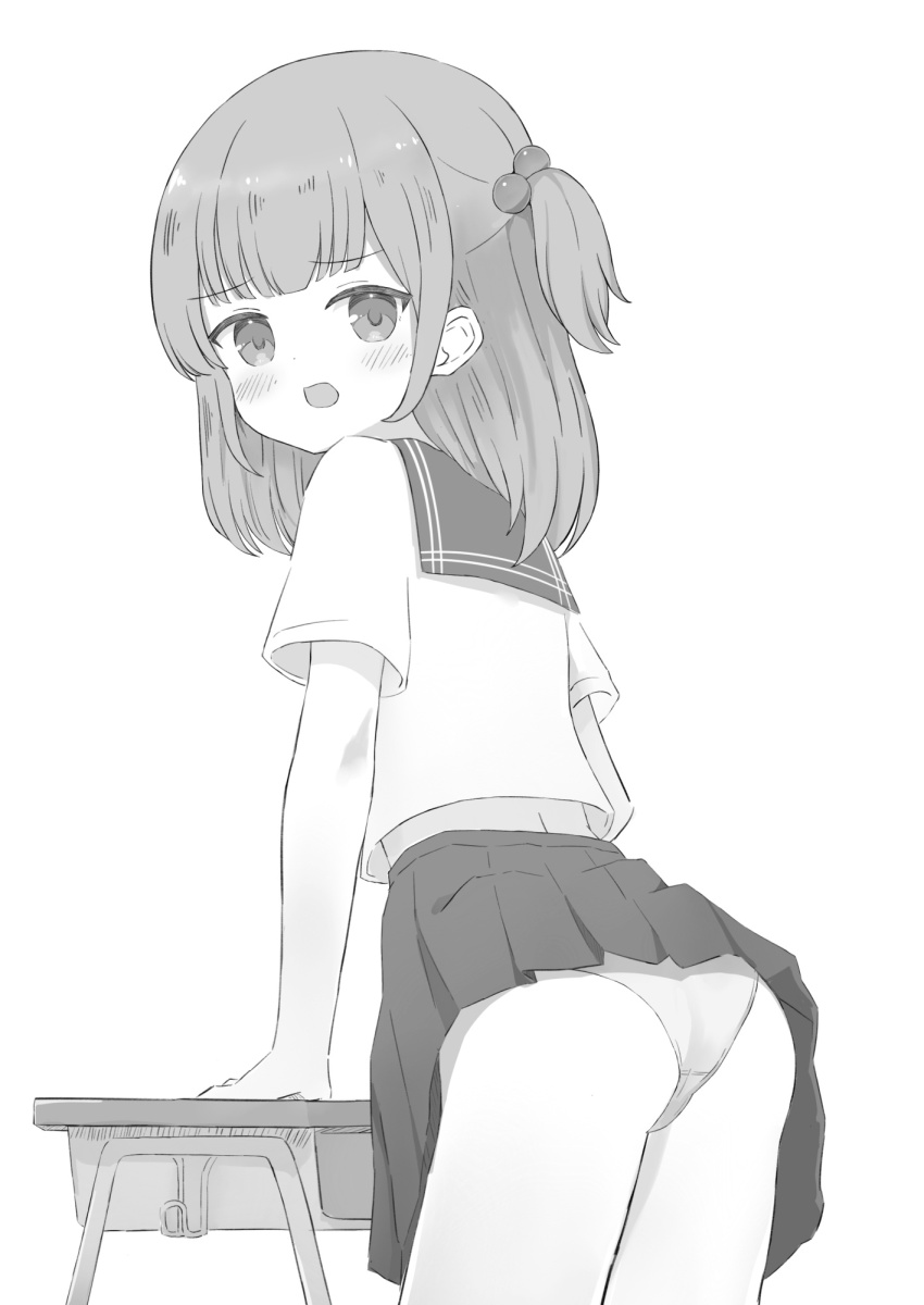 1girl, ass, blush, clothes_lift, desk, female_focus, from_behind, greyscale, highres, loli, looking_at_viewer, medium_hair, monochrome, open_mouth, original, panties, pleated_skirt, school_desk, school_uniform, serafuku, simple_background, skirt, skirt_lift, solo, standing, tyomimas, underwear, upskirt, white_background