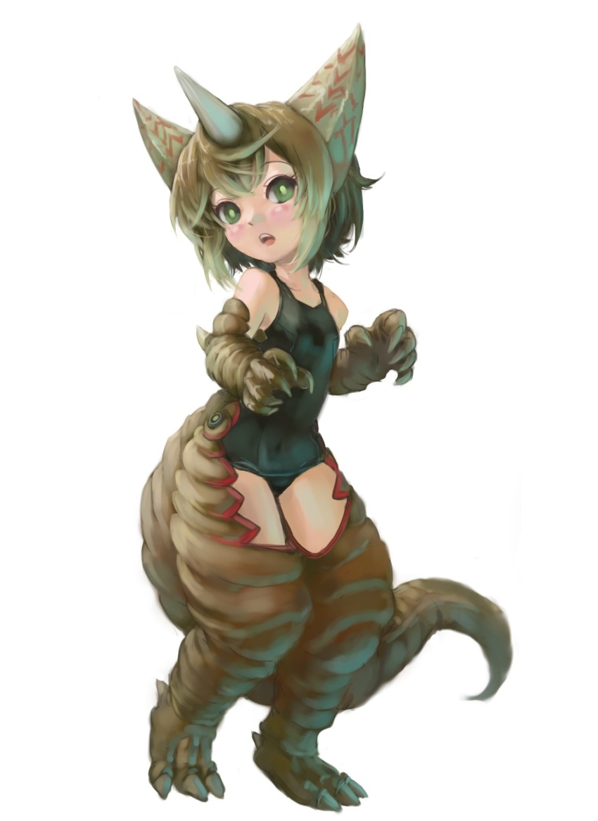 1girl, breasts, dinosaur, gomora, green_eyes, highres, kaiju, kaiju_girls, kuroda_mikazuki, monster_girl, one-piece_swimsuit, personification, simple_background, small_breasts, studio_puyukai, swimsuit, tail, tsuburaya_productions, ultra-taf, ultra_series, ultraman_(1st_series), white_background