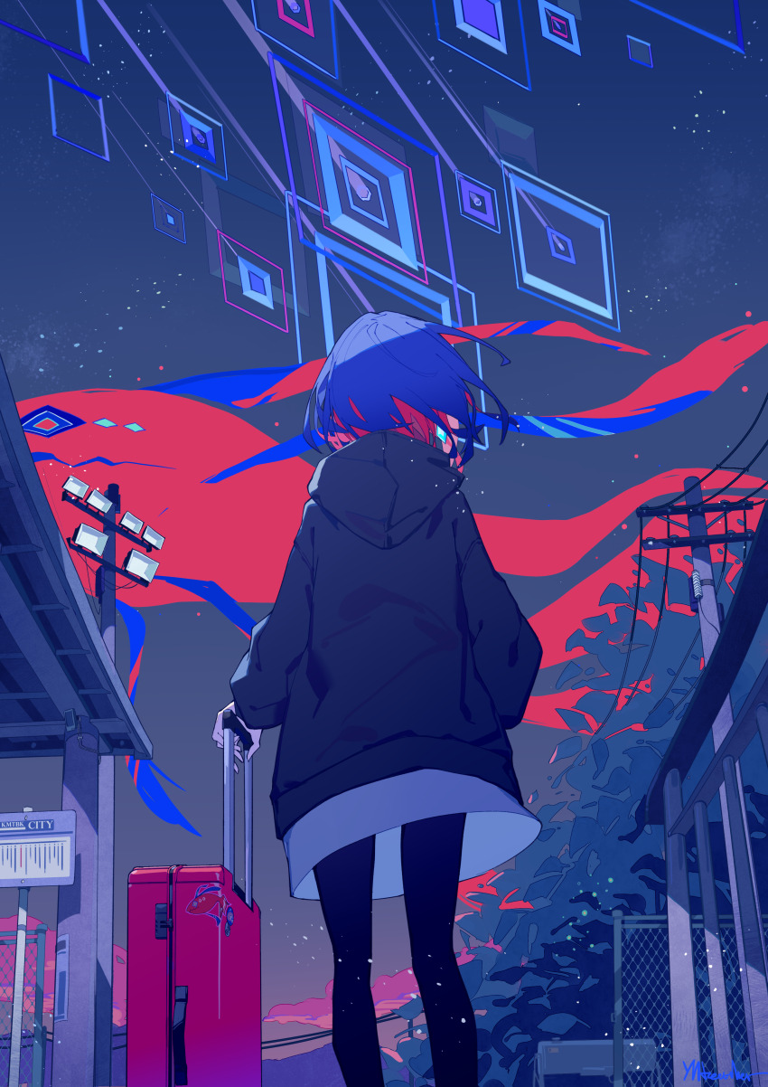 1girl, absurdres, black_hoodie, black_leggings, blue_hair, bus_stop, colored_inner_hair, creature, diamond_(shape), diamond_earrings, earrings, fagun_yibei, fish, floating_hair, flying, from_behind, from_below, hand_in_pocket, hastur_(kamitsubaki_studio), highres, hood, hood_down, hoodie, jewelry, kamitsubaki_studio, leggings, multicolored_hair, night, outdoors, power_lines, red_hair, rim_(kamitsubaki_studio), rolling_suitcase, short_hair, signature, single_earring, skirt, sky, solo_focus, star_(sky), starry_sky, suitcase, torii, utility_pole, virtual_youtuber, white_skirt