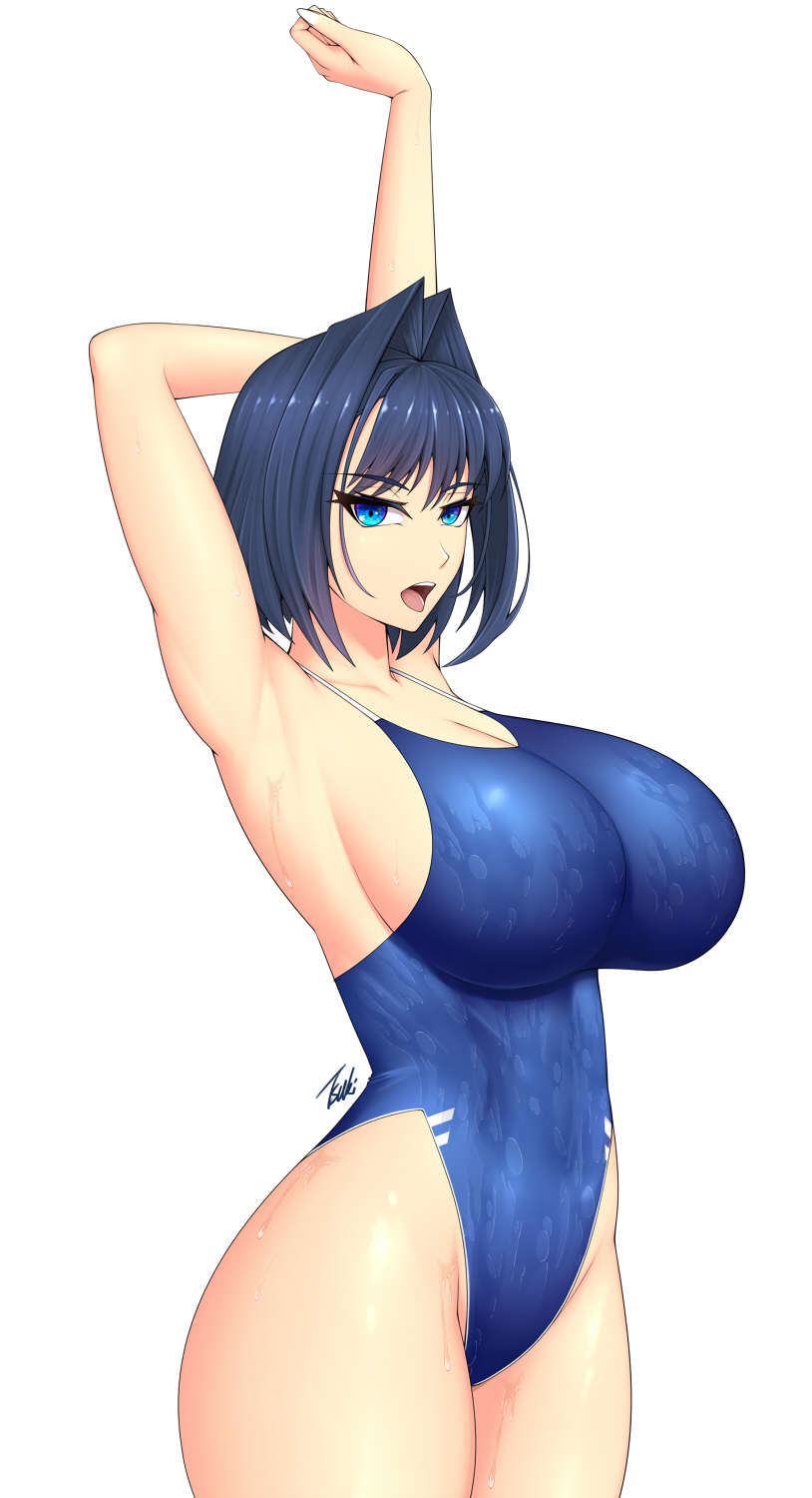 1girl, armpits, arms_behind_head, blue_eyes, blue_hair, breasts, cleavage, highres
