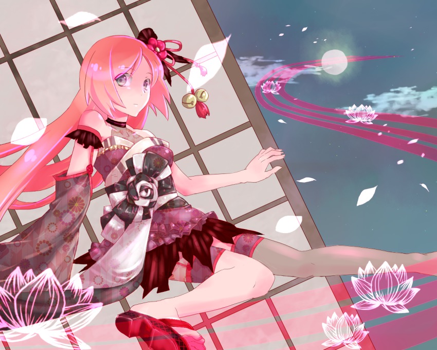 1boy, cloud, detached_sleeves, full_moon, gradient_hair, japanese_clothes, kikumon, lolita_fashion, male_focus, moon, multicolored_hair, nagata, namine_ritsu, night, sin_(hankotsu_bunny), solo, thighhighs, trap, utau, vocaloid, wa_lolita, yagasuri