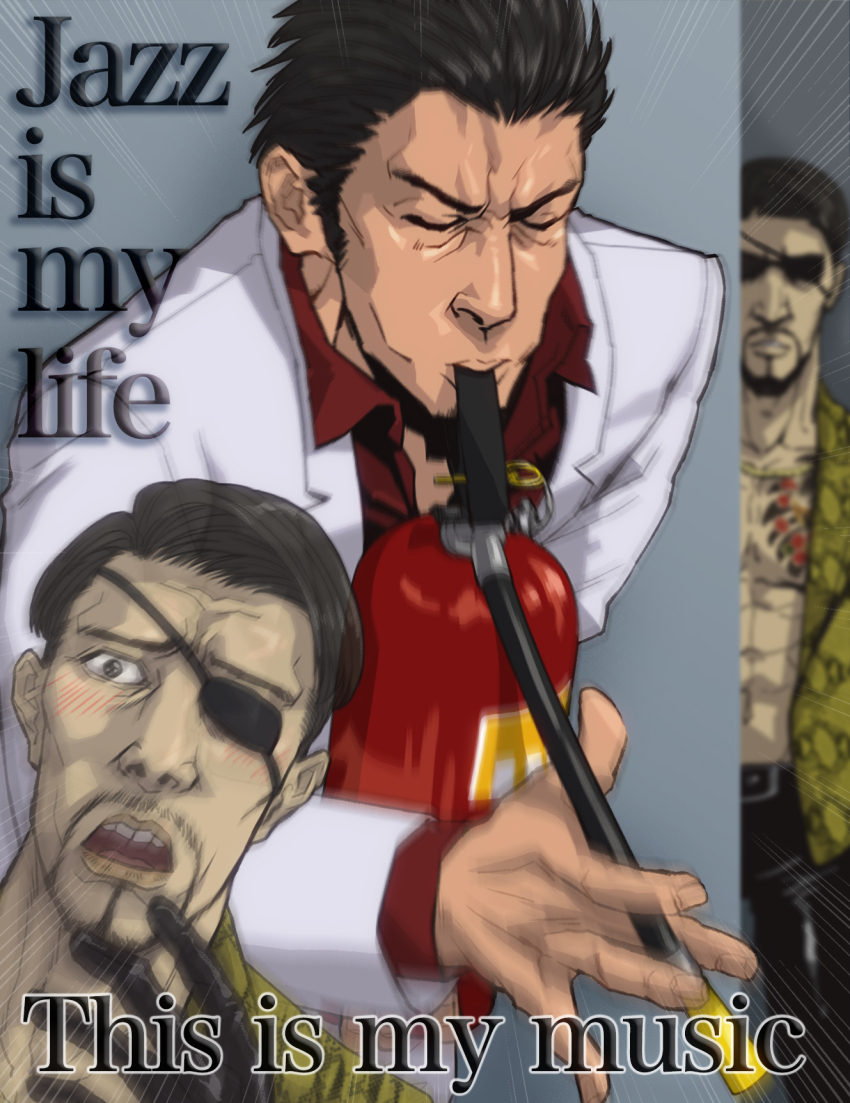 2boys, abs, black_gloves, black_hair, black_pants, blush, closed_eyes, closed_mouth, collared_shirt, donko_4147, emphasis_lines, english_text, eyepatch, fire_extinguisher, gloves, highres, jacket, jazz_for_your_soul_(meme), kiryu_kazuma, looking_at_another, majima_goro, male_focus, meme, multiple_boys, open_mouth, pants, red_shirt, ryuu_ga_gotoku_(series), scared, shirt, short_hair, upper_body, white_jacket, yellow_shirt
