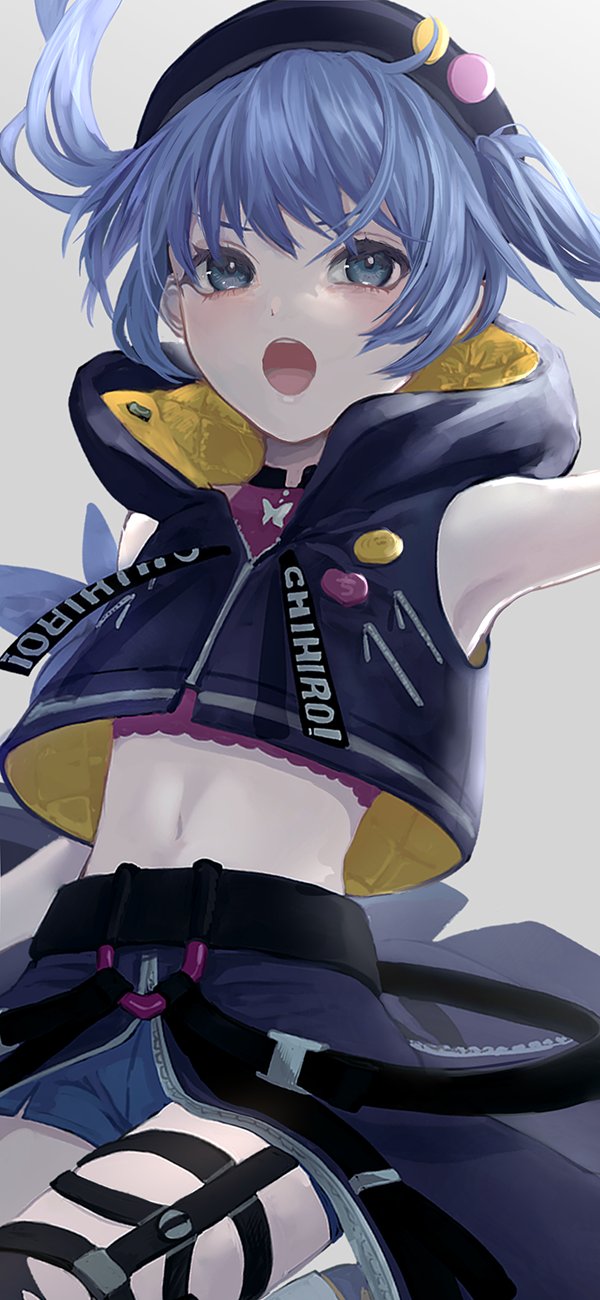 1girl, belt, beret, black_belt, black_hat, black_skirt, black_thighhighs, blue_eyes