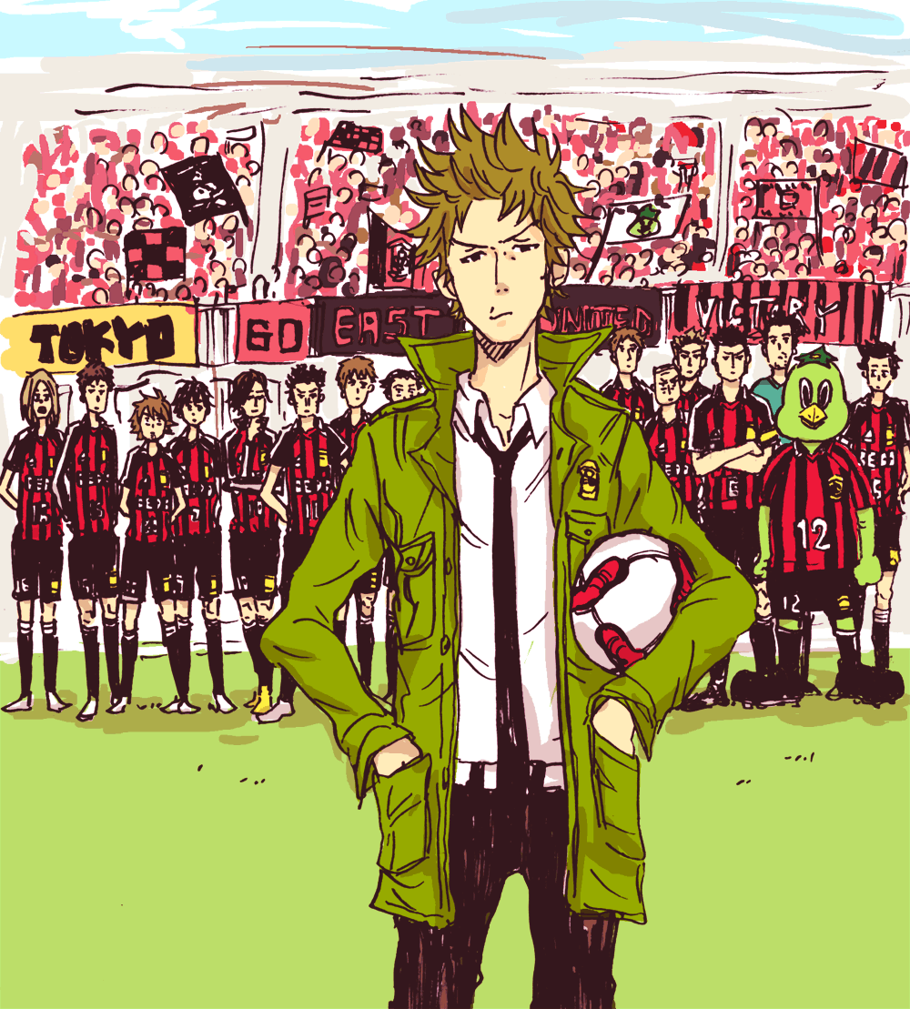 6+boys, akasaki_ryo, akasaki_ryou, ball, clothes_writing, giant_killing, hands_in_pockets, inudic