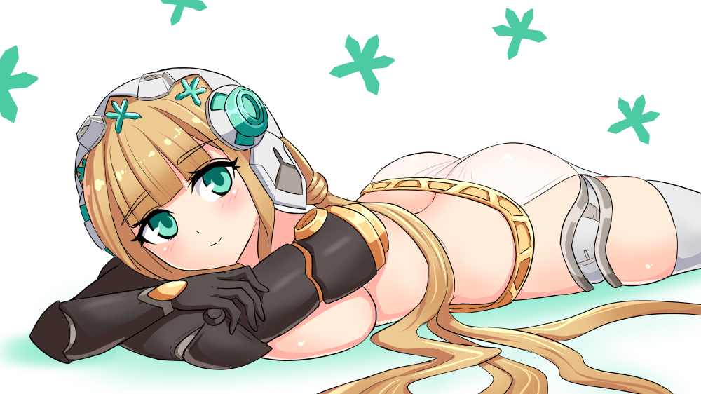 1girl, azure_striker_gunvolt, blonde_hair, blush, closed_mouth, commentary, commission, cougar_(cougar1404), crossed_arms, green_eyes, grey_thighhighs, gunvolt_chronicles_luminous_avenger_ix, headgear, long_hair, looking_at_viewer, lying, mechanical_arms, null_(gunvolt), on_stomach, pelvic_curtain, skeb_commission, skirt, smile, solo, thighhighs, very_long_hair, white_background, white_skirt