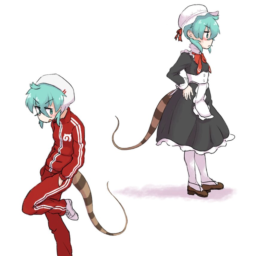 1girl, alternate_costume, apron, black_dress, blue_eyes, blue_hair, blush, bow, bowtie, brown_footwear, collar, dress, enmaided, frilled_apron, frilled_collar, frilled_cuffs, frills, hat, high_collar, highres, jacket, kemono_friends, kemono_friends_3, long_sleeves, maid, makimaki_ii, mob_cap, multiple_views, official_alternate_costume, pants, pantyhose, red_bow, red_bowtie, red_jacket, red_pants, red_track_suit, shoes, short_hair, snake_tail, sneakers, tail, track_jacket, track_pants, track_suit, tsuchinoko_(kemono_friends), white_apron, white_footwear, white_headwear, white_pantyhose