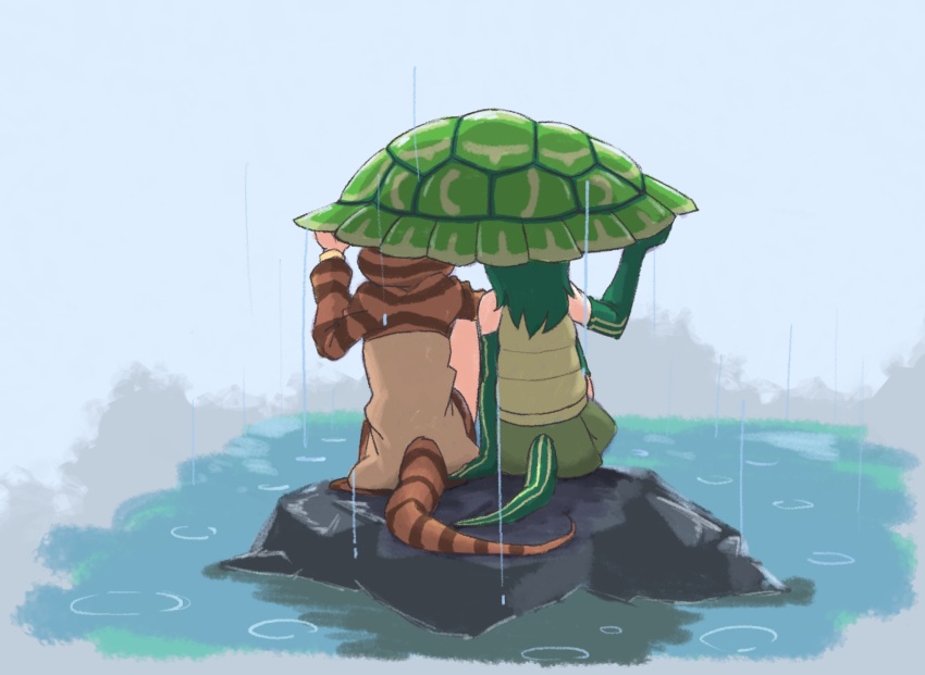 2girls, elbow_gloves, gloves, green_gloves, green_hair, green_vest, highres, hood