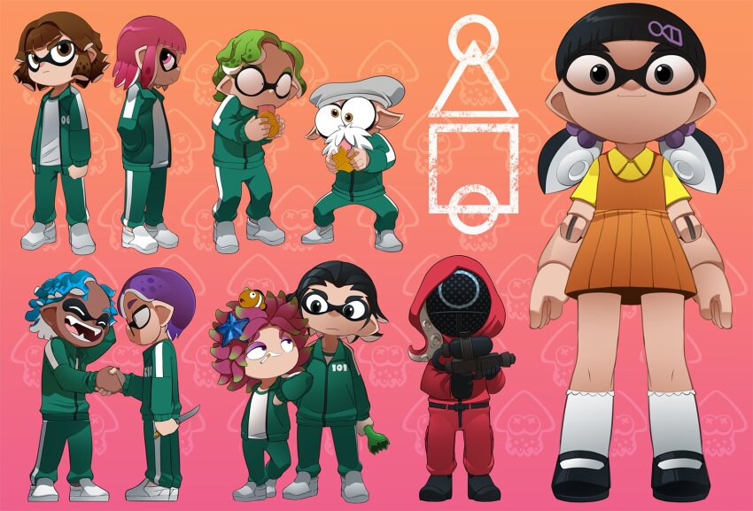 1other, 2girls, 6+boys, :|, annie_(splatoon), beard, black_footwear, black_hair, bleedman, blue_hair, blunt_bangs, bottle, broken_bottle, brown_eyes, brown_hair, candy, cap'n_cuttlefish, cigarette, clenched_hands, closed_mouth, commentary, cosplay, dalgona, doll_(squid_game), doll_joints, english_commentary, facial_hair, food, frilled_socks, frills, from_side, full_body, glasses, gradient_background, green_jacket, green_pants, grey_headwear, hair_ornament, hands_in_pockets, handshake, hat, highres, holding, holding_bottle, holding_candy, holding_food, holding_knife, holding_weapon, jacket, joints, knife, licking, loafers, looking_at_another, mary_janes, moe_(splatoon), multiple_boys, multiple_girls, nintendo, octoling_player_character, open_clothes, open_jacket, orange_background, orange_skirt, pants, parody, pink_background, pink_eyes, pink_hair, pleated_skirt, pointy_ears, purple_hair, shirt, shoes, short_hair, short_sleeves, sidelocks, skirt, socks, soldier_(squid_game), soldier_(squid_game)_(cosplay), splatoon_(series), squid_game, standing, star_(symbol), starfish, starfish_hair_ornament, straight-on, tentacle_hair, track_pants, track_suit, weapon, white_footwear, white_shirt, yellow_shirt