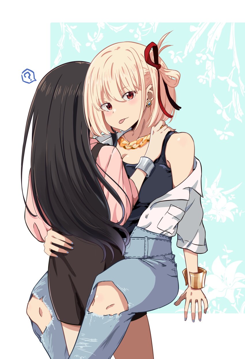 2girls, ?, absurdres, alternate_costume, bare_shoulders, black_hair, black_tank_top, blonde_hair, blush, bracelet, breast_pocket, chai_haru, commentary_request, denim, earrings, hair_ribbon, highres, inoue_takina, jeans, jewelry, long_hair, long_sleeves, looking_at_viewer, lycoris_recoil, multiple_girls, nishikigi_chisato, off_shoulder, pants, pocket, red_eyes, red_ribbon, ribbon, shirt, smile, spoken_question_mark, tank_top, torn_clothes, torn_jeans, torn_pants, white_shirt