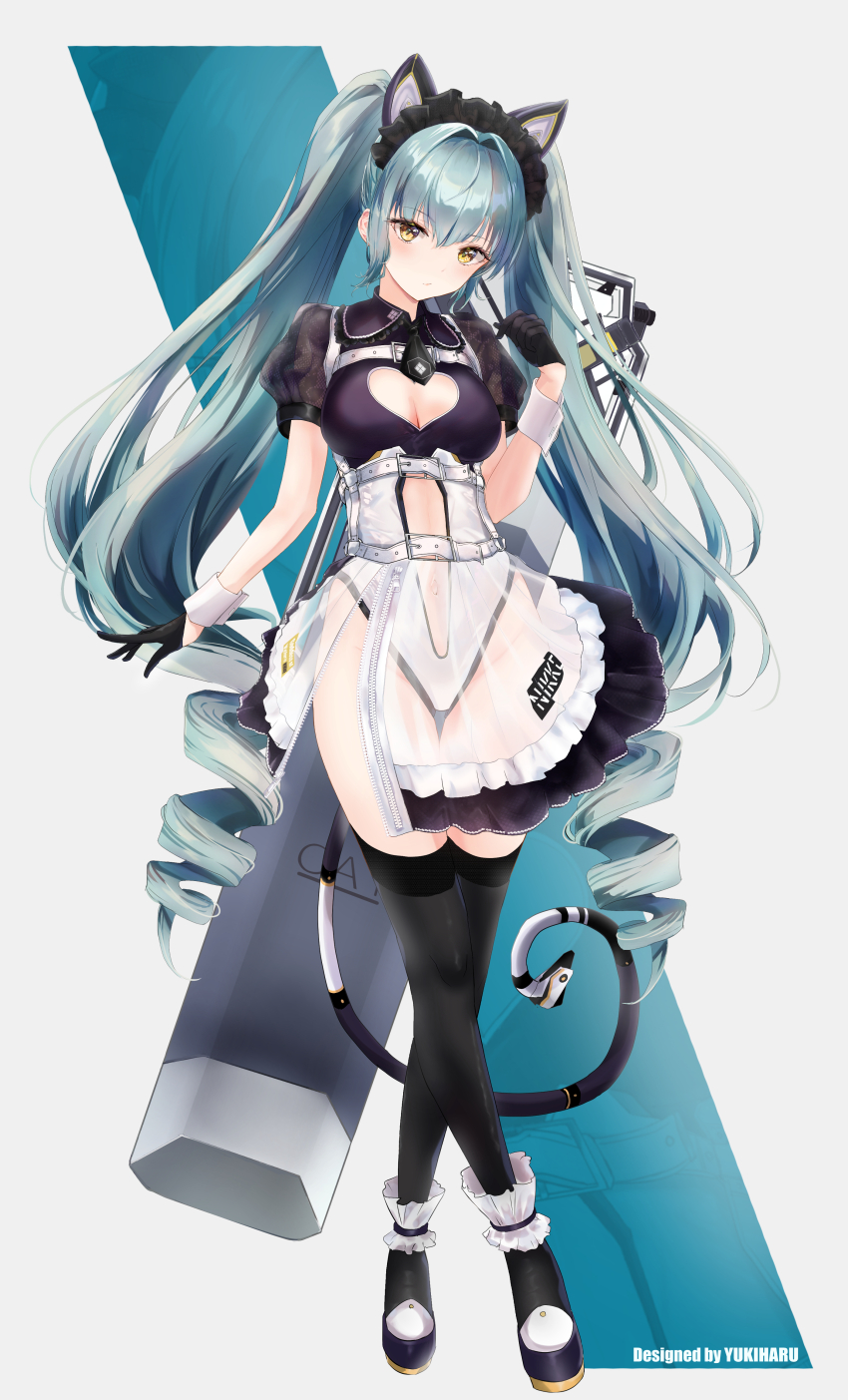 1girl, absurdres, alternate_costume, animal_ears, aqua_hair, black_thighhighs, breasts, cat_ears