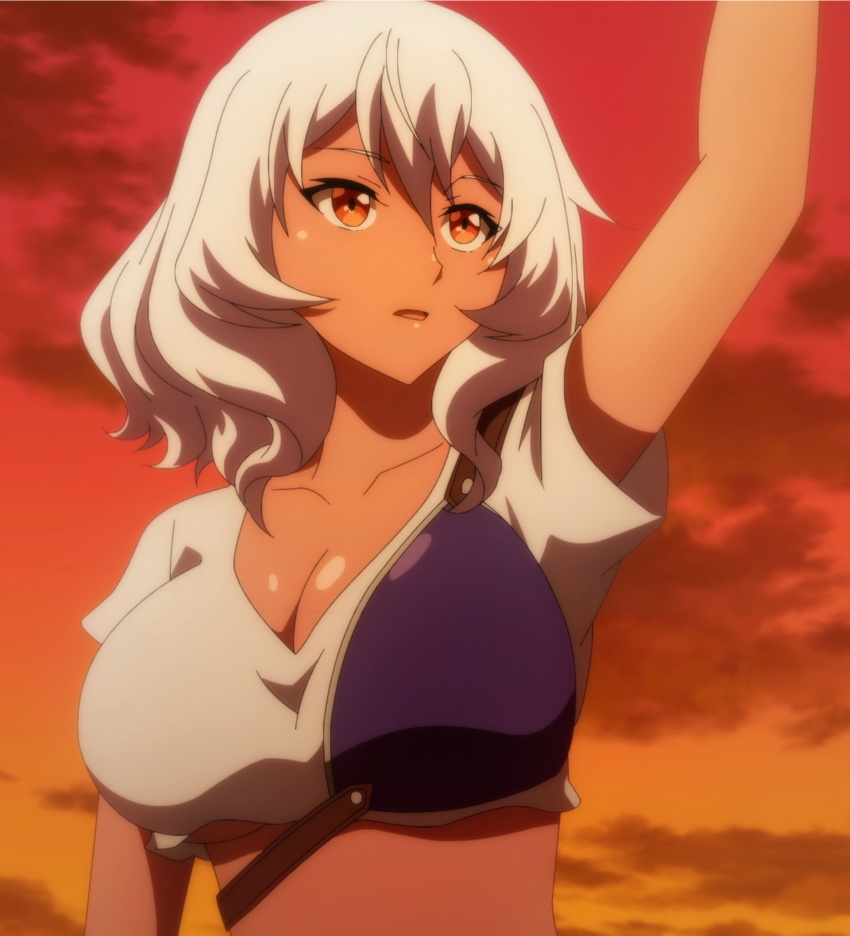 1girl, artoria_gremm, breasts, brown_hair, cleavage, dark-skinned_female, dark_skin, highres