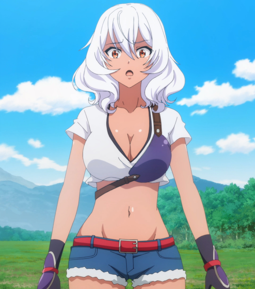 1girl, anime_screenshot, artoria_gremm, belt, black_gloves, breasts, cleavage, collarbone