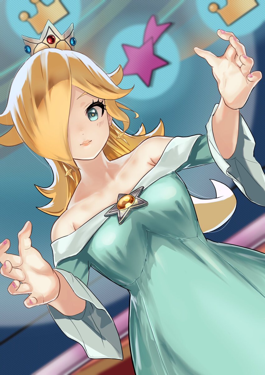 1girl, arms_up, blonde_hair, blue_eyes, blush, crown, dress, earrings, highres, jewelry, kurere1202, long_hair, looking_at_viewer, mario_(series), nail_polish, nintendo, off_shoulder, rosalina, solo, spade_hands, star_(symbol), super_mario_galaxy, topless_female