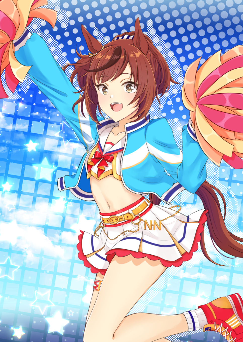 1girl, arm_up, belly_chain, belt, blue_background, blue_jacket, brown_eyes, brown_hair