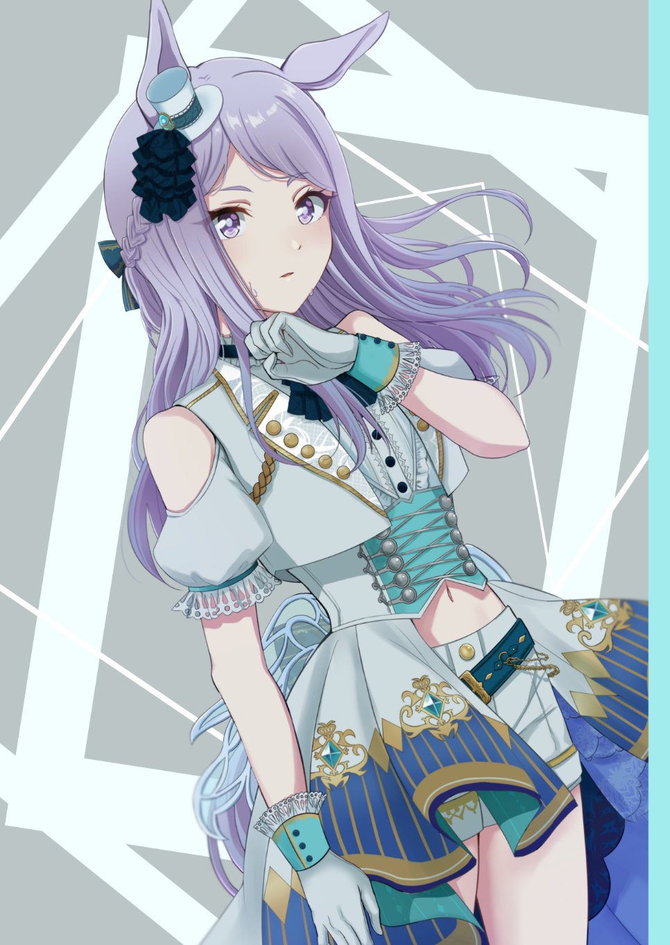 1girl, animal_ears, belt, black_ribbon, blue_belt, braid, clothing_cutout, commentary