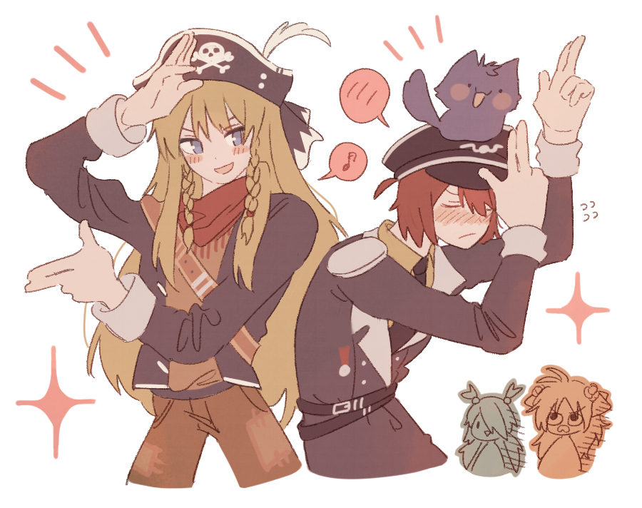 2boys, 2girls, anna_(epic_battle_fantasy), black_headwear, black_jacket, black_necktie, blonde_hair, blue_eyes