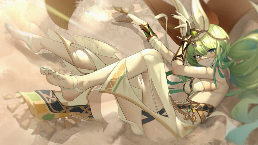 1girl, :d, absurdres, ancient_egyptian_clothes, arm_guards, breasts, claw_ring, feet