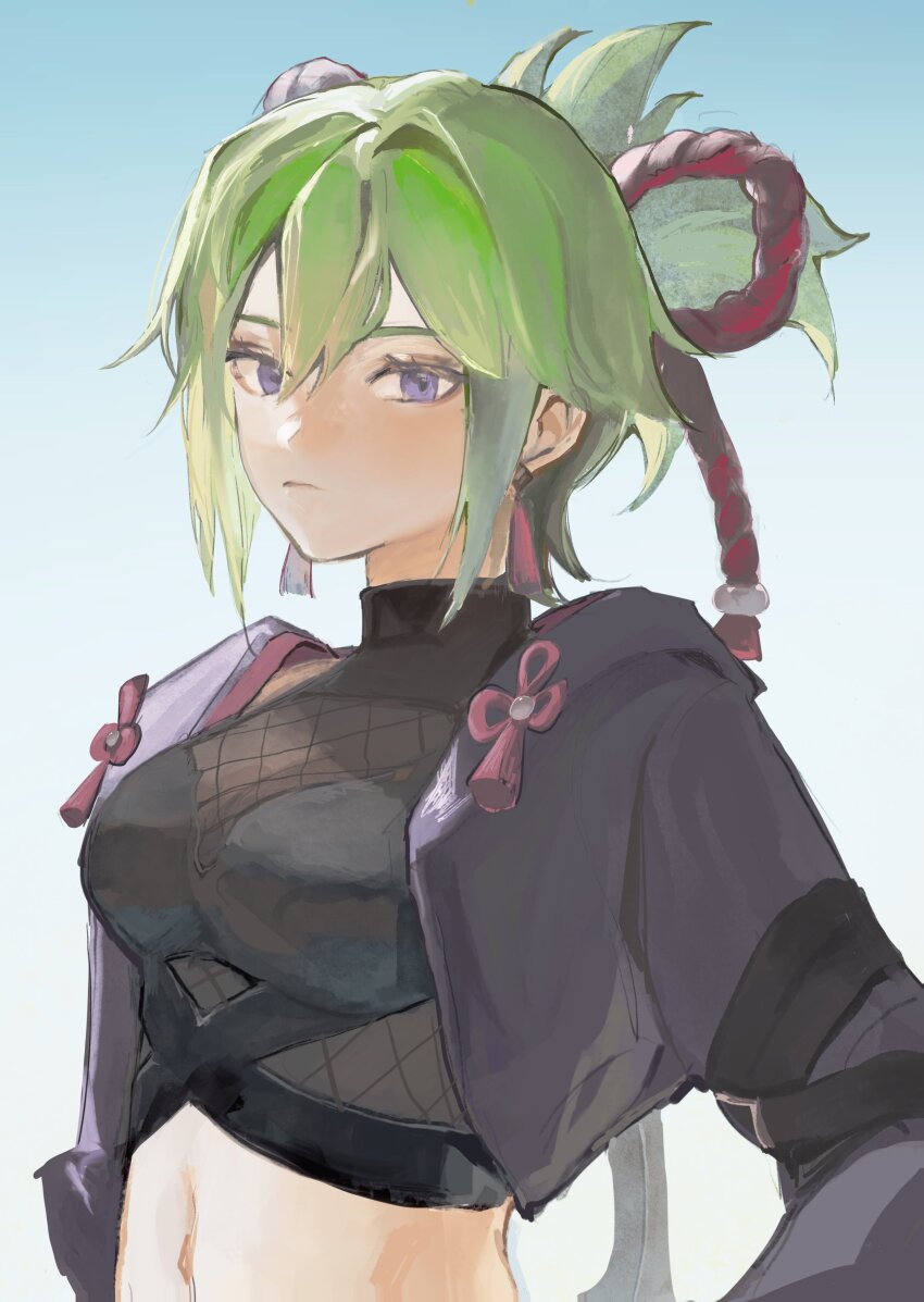 1girl, absurdres, breasts, closed_mouth, crop_top, cropped_jacket, earrings, fishnet_top, fishnets, genshin_impact, green_hair, highres, jacket, japanese_clothes, jewelry, kuki_shinobu, kusur1_0901, looking_at_viewer, medium_breasts, navel, purple_eyes, purple_jacket, rope, simple_background, solo, tassel, tassel_earrings, upper_body