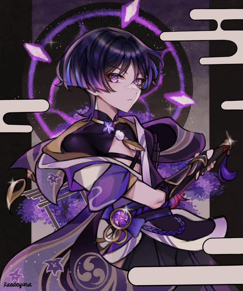 1boy, arm_armor, back_bow, belt, black_background, black_gloves, blunt_ends, bow