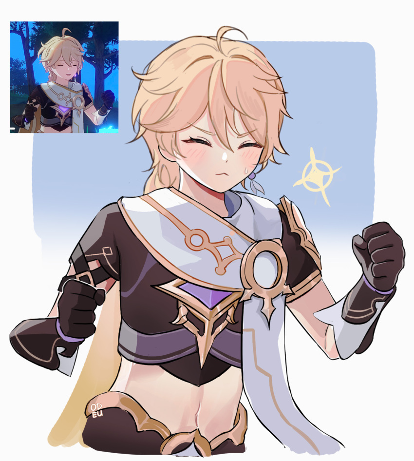 1boy, aether_(genshin_impact), ahoge, arm_armor, artist_name, blonde_hair, blue_background, blue_sky