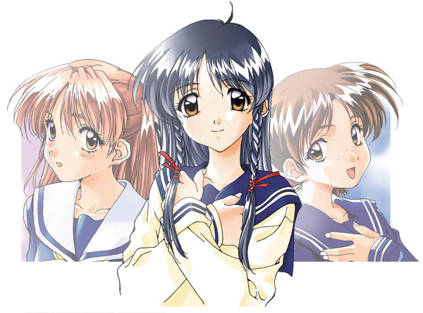 1990s_(style), 3girls, adachi_taeko, black_hair, blush, braid, brown_eyes, brown_hair