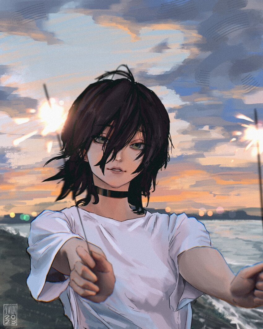 1girl, artist_logo, beach, black_choker, black_hair, blurry, chainsaw_man, choker