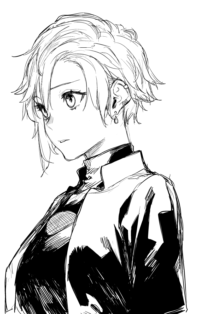 1girl, absurdres, cleavage_cutout, clothing_cutout, ear_piercing, earrings, fishnet_cutout, from_side