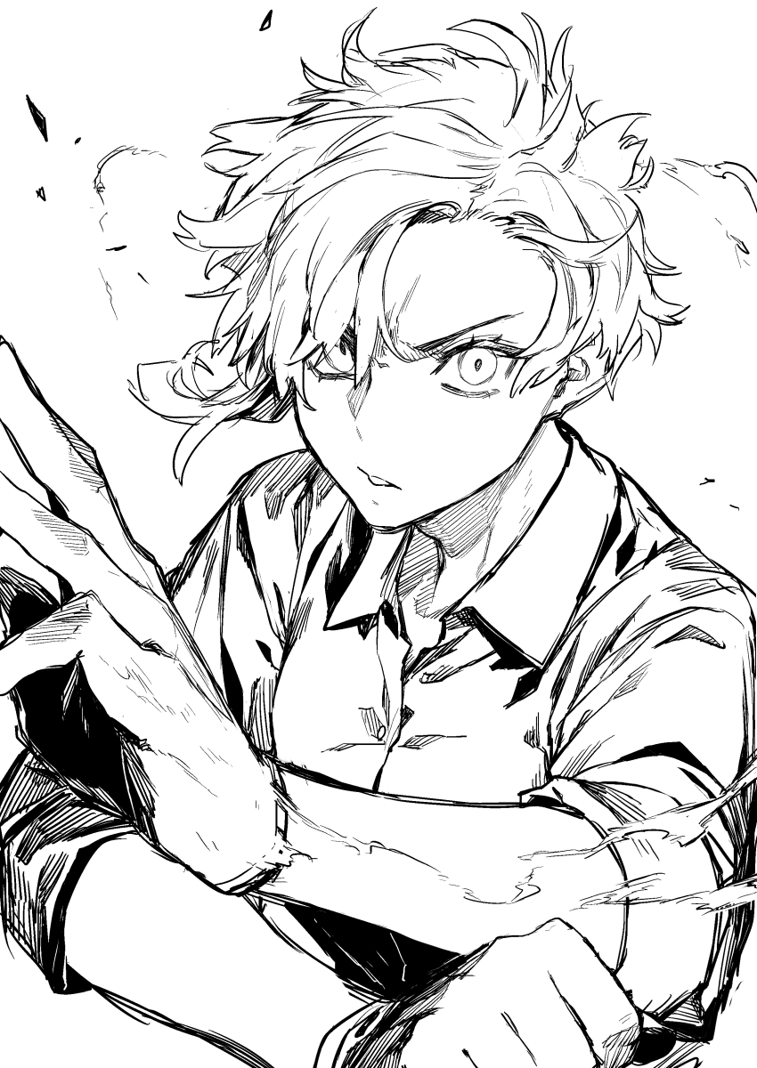 1girl, absurdres, collared_shirt, fighting_stance, glaring, gloves, highres, leo_(reiga)