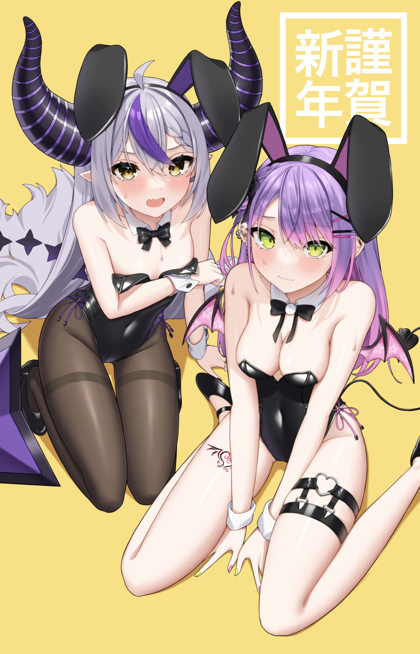 2girls, absurdres, ahoge, animal_ears, bare_shoulders, barefoot, black_footwear, black_leotard, black_pantyhose, black_ribbon, blush, bow, bowtie, braid, braided_bangs, breasts, cleavage, colored_inner_hair, commentary, covered_navel, covering_privates, covering_breasts, demon_girl, demon_horns, demon_tail, detached_collar, ear_piercing, embarrassed, fake_animal_ears, fang, flat_chest, full_body, gradient_hair, green_eyes, grey_hair, hair_ornament, hair_ribbon, hairclip, hand_on_floor, hands_on_floor, happy_new_year, heart, heart_o-ring, heart_tattoo, high_heels, highres, hololive, honeyhoppin, horns, kneeling, la+_darknesss, large_breasts, leotard, long_hair, looking_at_viewer, low_wings, medium_hair, multicolored_hair, multicolored_wings, multiple_girls, new_year, o-ring, o-ring_thigh_strap, open_mouth, oversized_breast_cup, pantyhose, piercing, pink_hair, pink_wings, playboy_bunny, pointy_ears, purple_hair, rabbit_ears, ribbon, sidelocks, simple_background, sitting, skin_fang, small_breasts, strapless, strapless_leotard, streaked_hair, striped_horns, sweatdrop, swept_bangs, tail, tattoo, thigh_strap, thighs, tokoyami_towa, very_long_hair, virtual_youtuber, wariza, wings, wrist_cuffs, yellow_background, yellow_eyes