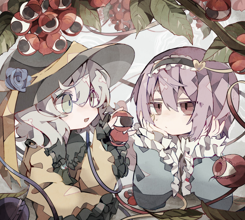 2girls, :/, :d, absurdres, arm_support, ascot, black_hairband, black_headwear