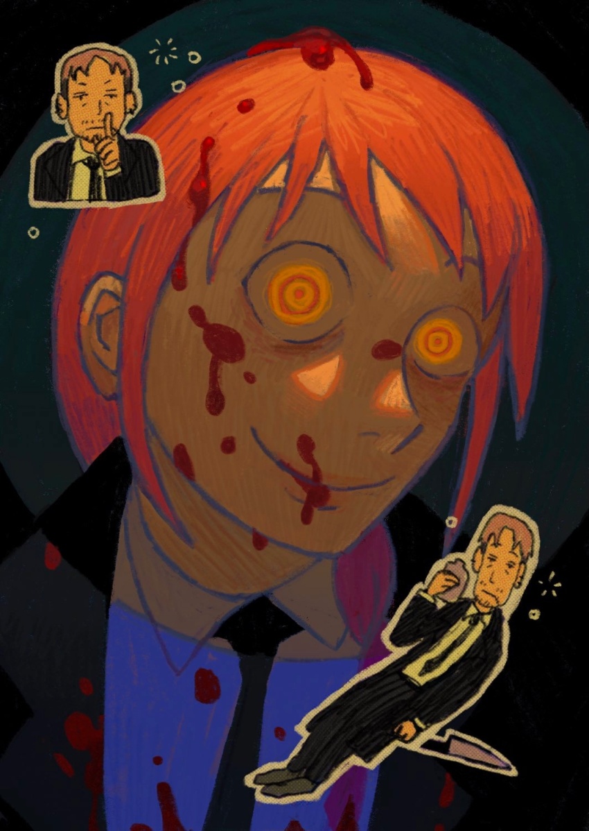 1boy, 1girl, black_coat, black_footwear, black_jacket, black_necktie, black_pants, blood, blood_on_clothes, blood_on_face, chainsaw_man, coat, collared_shirt, drunk, facial_hair, flask, formal_clothes, grey_hair, highres, holding, holding_flask, holding_knife, holding_weapon, jacket, kishibe_(chainsaw_man), knife, looking_at_viewer, makima_(chainsaw_man), medium_hair, necktie, outline, pants, red_hair, ringed_eyes, shirt, shirt_tucked_in, short_hair, sidelocks, smile, squeans, stitched_face, stitches, stubble, suit, suit_jacket, tunneisnakes, weapon, white_shirt, yellow_eyes, yellow_outline