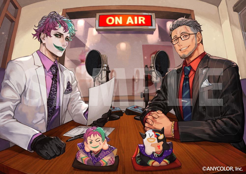 2boys, beard, black_gloves, black_jacket, blue_eyes, blue_necktie, buzz_cut, facepaint, facial_hair, fisheye, glasses, gloves, grin, hand_on_own_ass, hungry_clicker, indoors, interlocked_fingers, jacket, joe_rikiichi, looking_at_viewer, maimoto_keisuke, maimoto_keisuke_(2nd_costume), male_focus, microphone, multicolored_hair, multiple_boys, necktie, nijisanji, open_clothes, open_jacket, purple_hair, purple_shirt, red_shirt, sample_watermark, shirt, short_hair, smile, studio_microphone, table, very_short_hair, virtual_youtuber, watermark, white_jacket